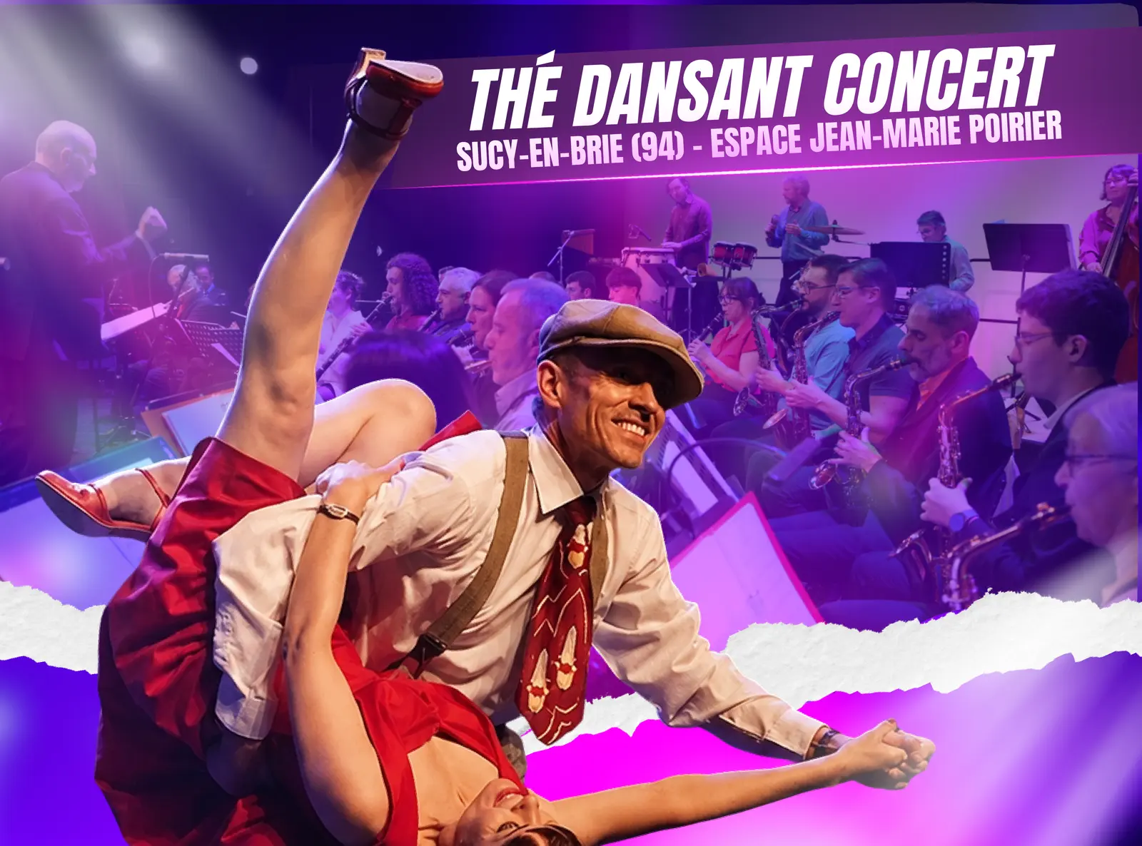 Un couple de danseurs en plein mouvement devant l'Harmonie Municipale de Sucy-en-Brie en concert